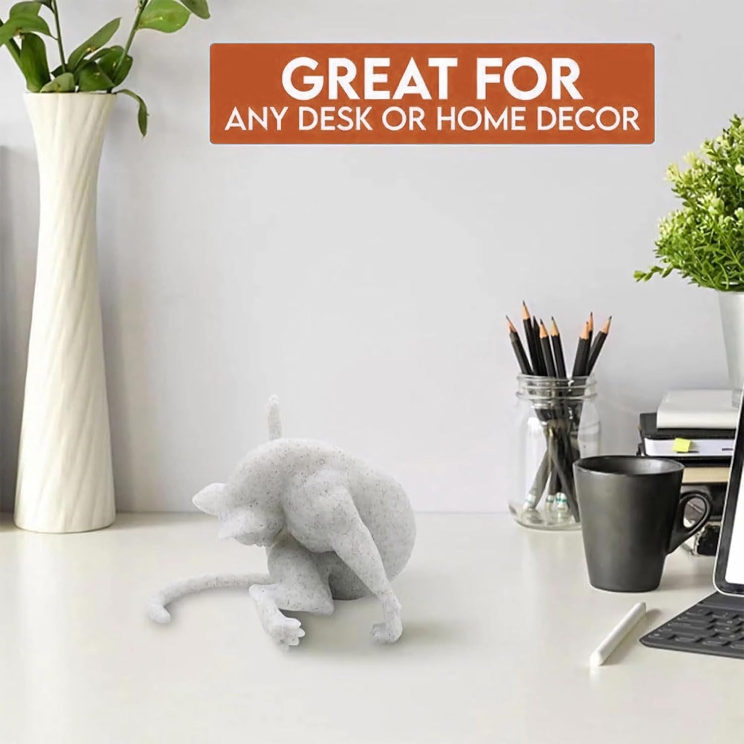 No Shame Cat Licking Butt Sculpture, Funny Cat Figurine Home Decor, Whimsical Kitty Ornaments Centerpiece, Artificial Resin Kitty Statues Decor Gifts for Cats Lovers, White Cat, 1 Piece