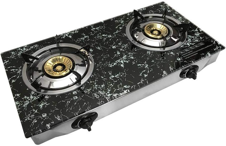 28" x 17" Propane Double Stove 2 Gas Burner MARBLE PRINT Tempered Glass Cooktop Steel Body