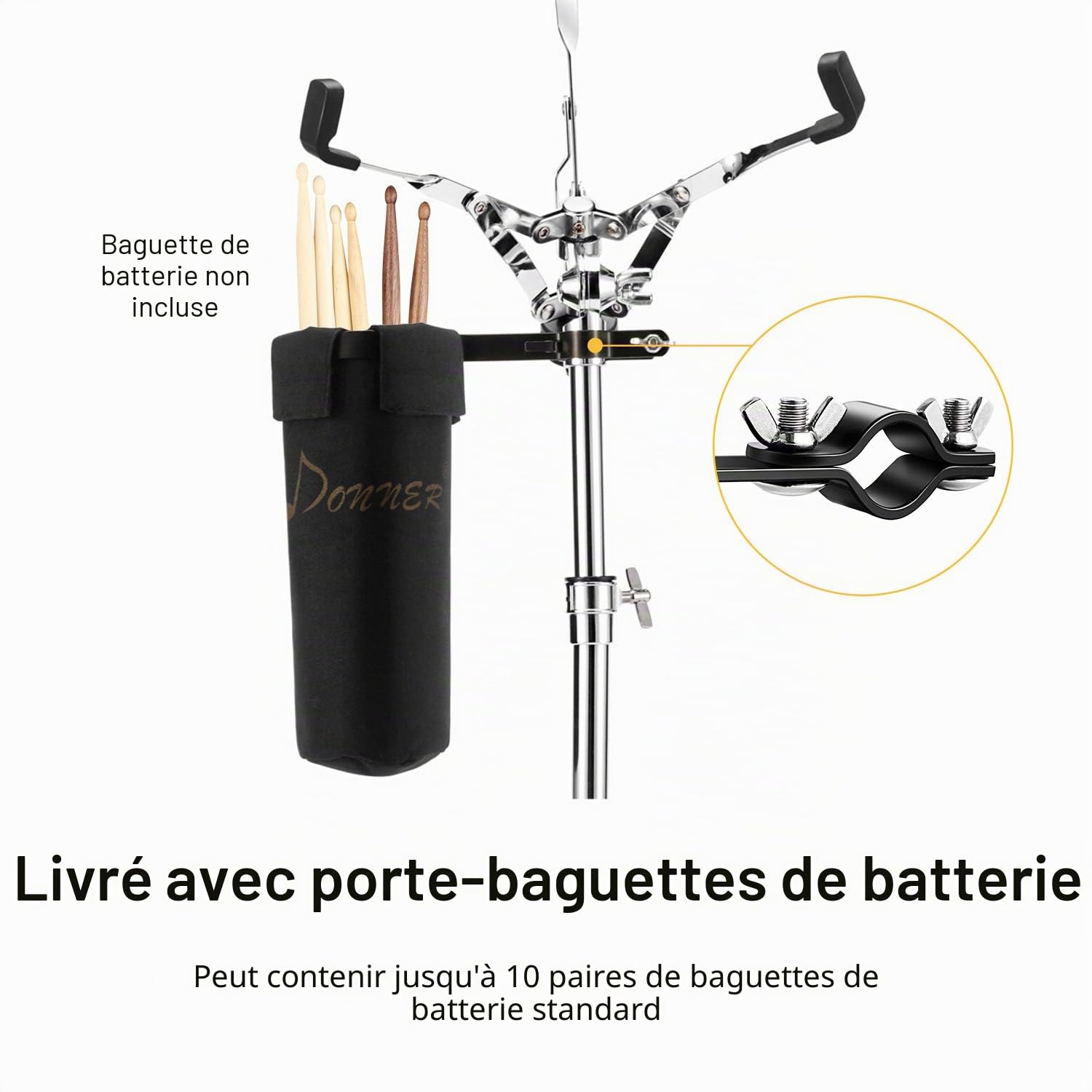 Pied de Caisse Donner Drum Stand claire réglable à double renfort avec support de baguette, convient pour 10'' - 14'' caisse claire/pad de batterie