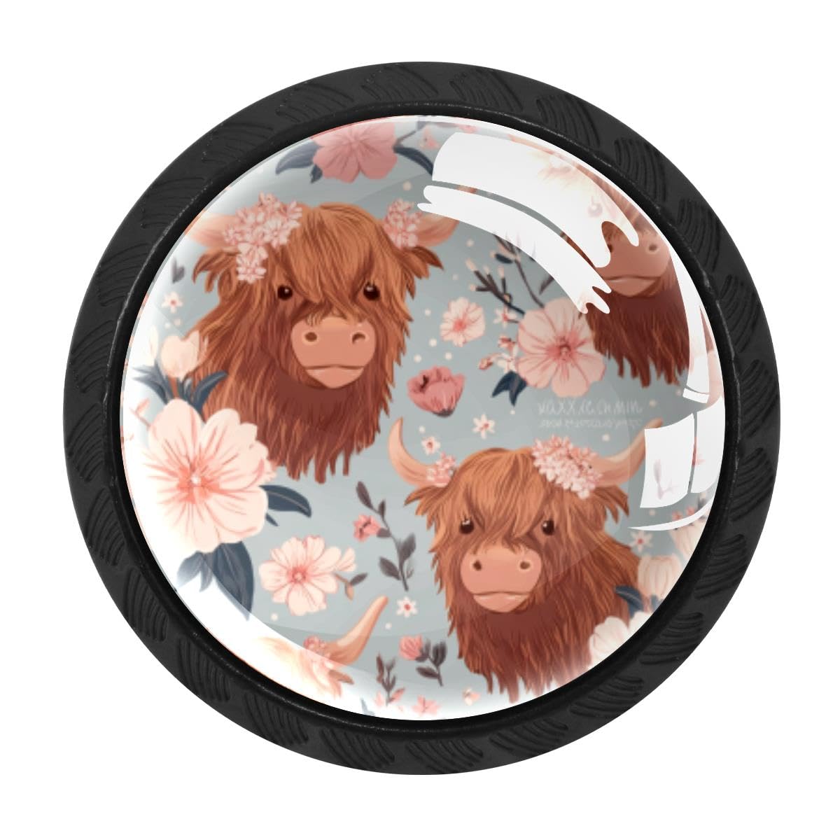 HEOEH 4 PCS Cabinet Knobs, Highland Cow Flower Drawer Knobs Dresser Handles