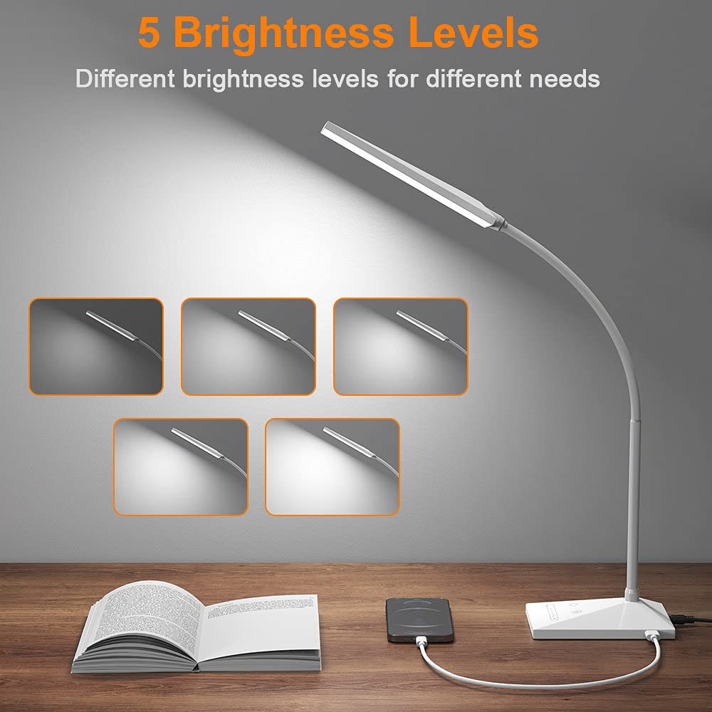 Vansuny LED Desk Lamp with USB Charging Port, Eye-Caring, 5 Color Modes,6 Brightness Levels, Touch Control, Flexible Gooseneck, Memory Function for Dorm Office Work Bedroom (12W,White)