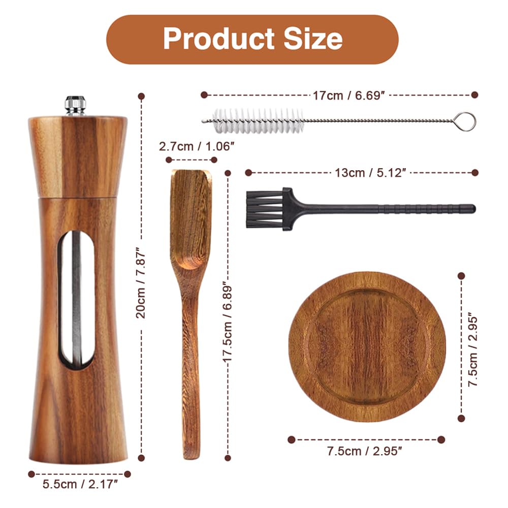 Lot de 2 moulins à poivre et sel en bois avec soucoupe manuelle - Moulin à épices réglable en céramique - Pour poivre, sel, épices - Hauteur : 20 cm