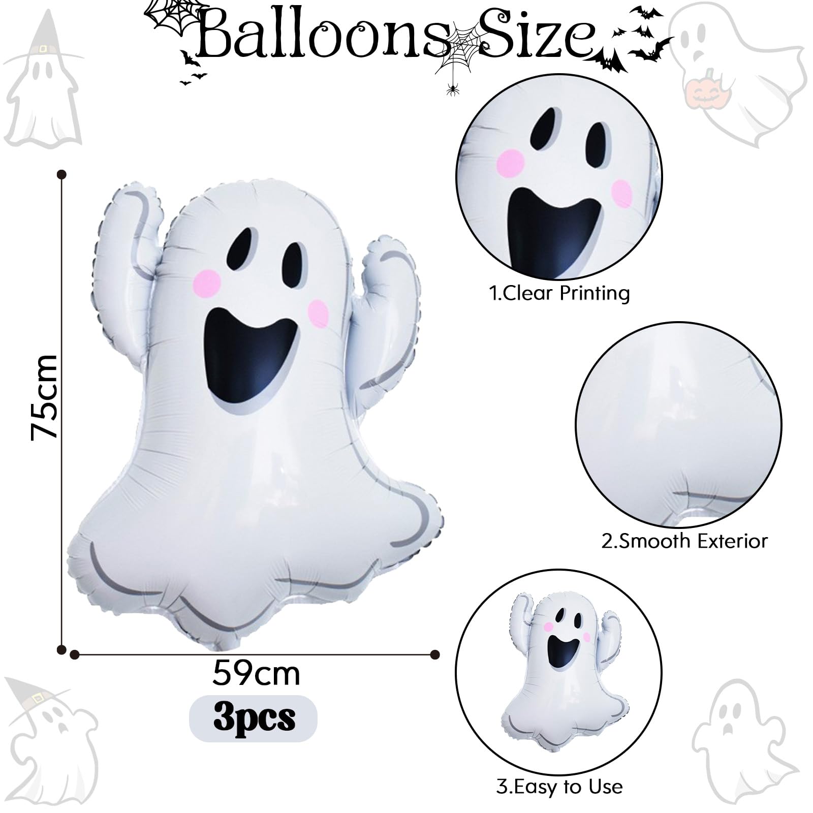 Ghost Balloons Set, XXL White Smiley Face Shaped Mylar Foil Balloons - Image 2