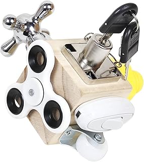 Educational Toy Busy Activity Cube for Kids Lock Learning Life Skills Baby Travel Toy Safe Wooden Busy Board Block Toys Develop Child Sensory & Fine Motor Skills for Toddlers 1-3 A