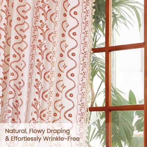 Image of Boho Farmhouse Curtains for Living Room 2 Panels, Floral Fall Curtains 54 Inches Long,Privacy Country Vine Pattern Bedroom Curtain,Let Light in Window Drapes Beige