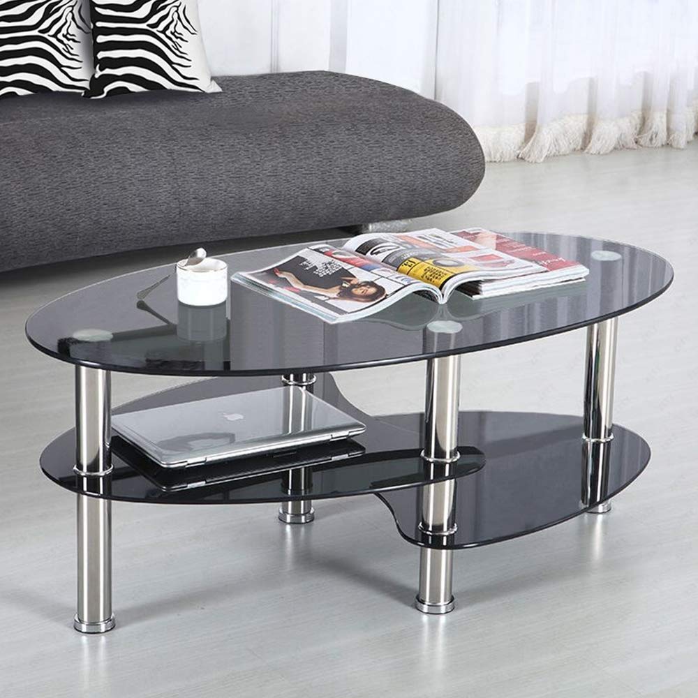 Tavolino da salotto moderno in vetro temperato ca. 90×50×43 cm, 3 piani (Nero-Nero)