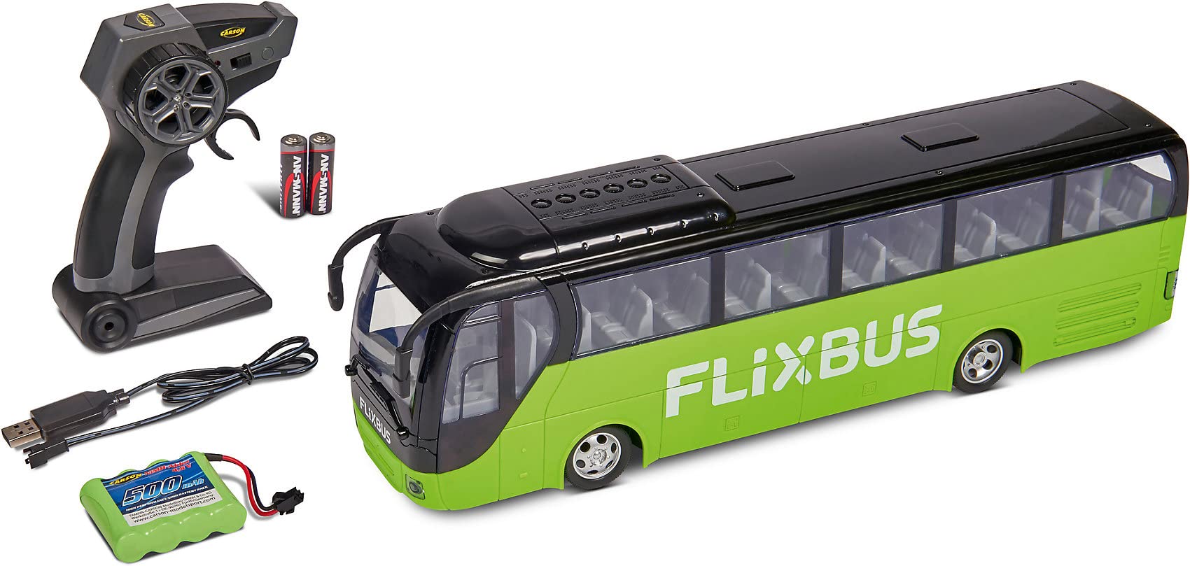 Carson 500907342 FlixBus 2.4GHz - 100% Listo para Conducir, autobús de Juguete, Coche de Juguete, Coche teledirigido, para niños a Partir de 8 años, Tiempo de conducción Aprox. 60 min.