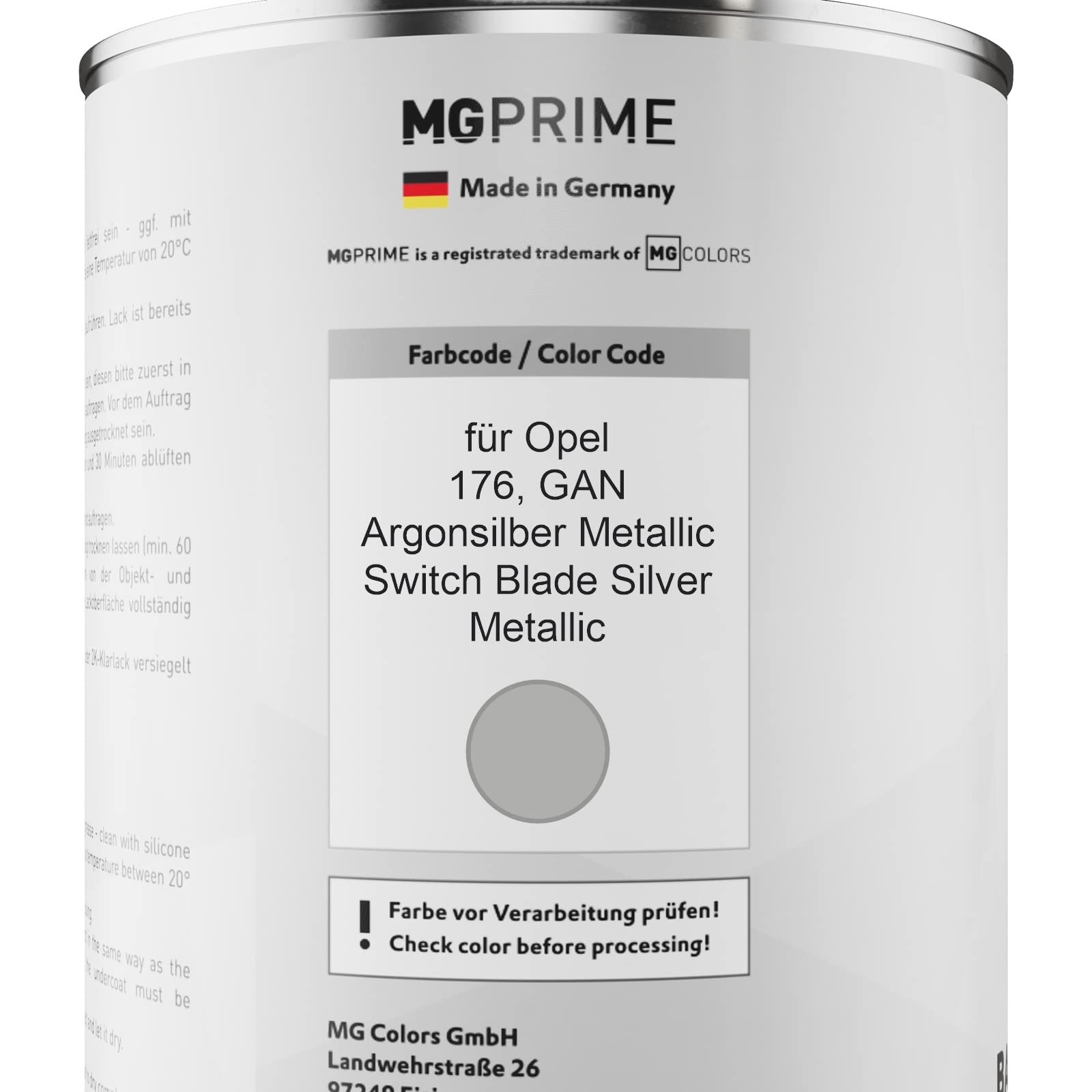 MG PRIME Autolack Dosen Set für Opel 176 / GAN Argonsilber Metallic 2,5L | Switch Blade Silver Metallic, Set aus Basislack + 2K Klarlack + Härter, Literware, spritzfertig