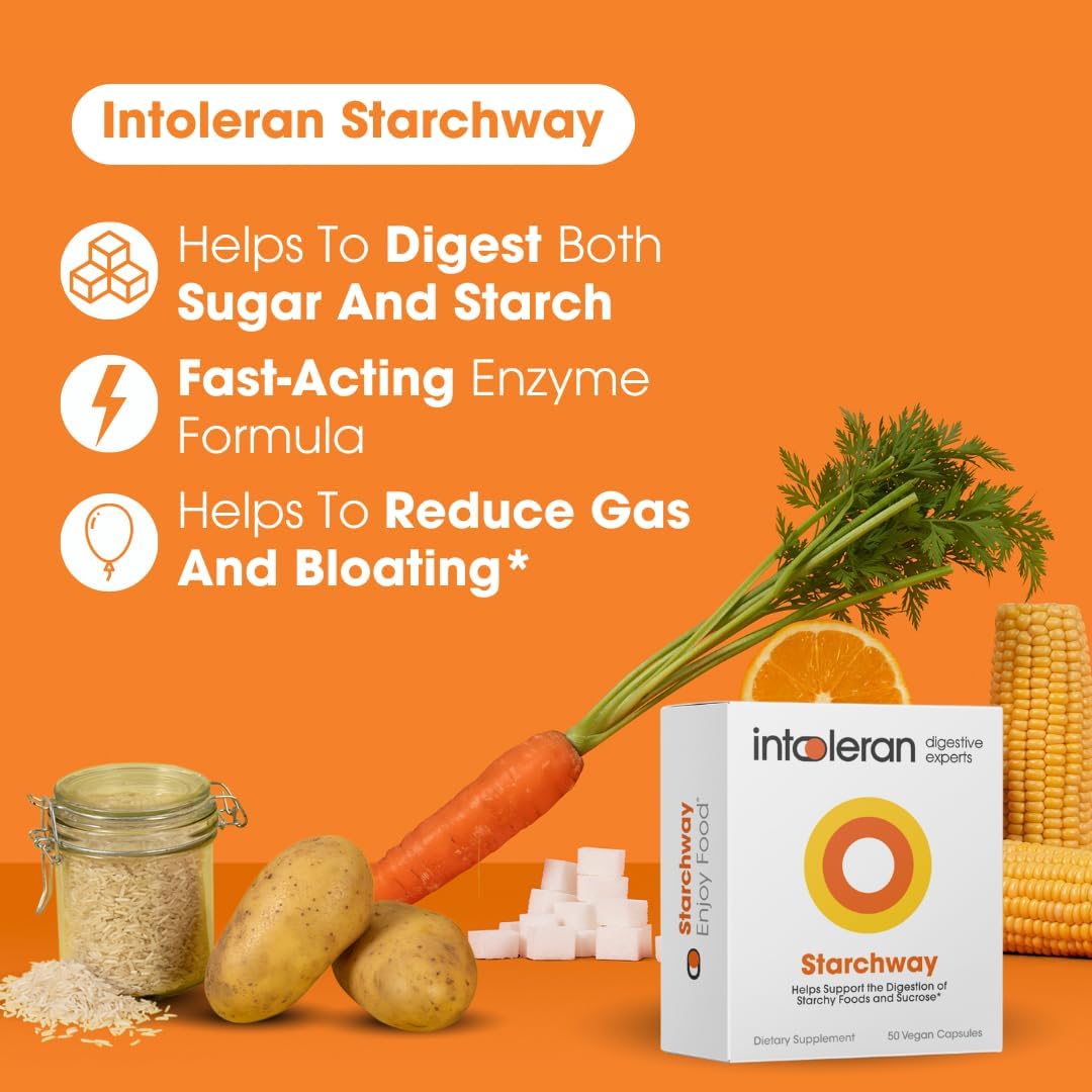Intoleran Starchway Digestive Enzymes - 50 Capsules Supplement for Starch & Sucrose | Helps Digest Sugars & Starchy Foods | Invertase & Gluco-Amylase Enzymes | Pure & Vegan | Low FODMAP