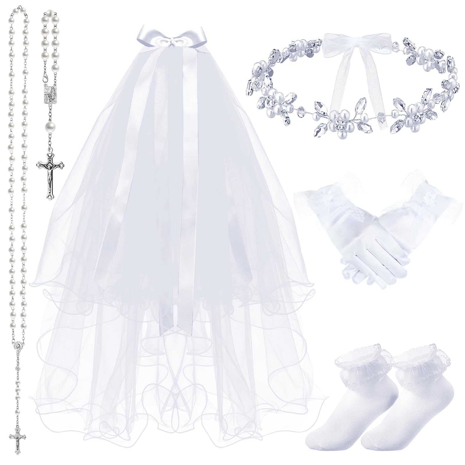 Funtery 6 Pcs First Communion Veils Girls Catholic Set 1st Communion Wreath Veil Headpiece Sock Necklace Bracelet Kid Wedding(Subtle Style)