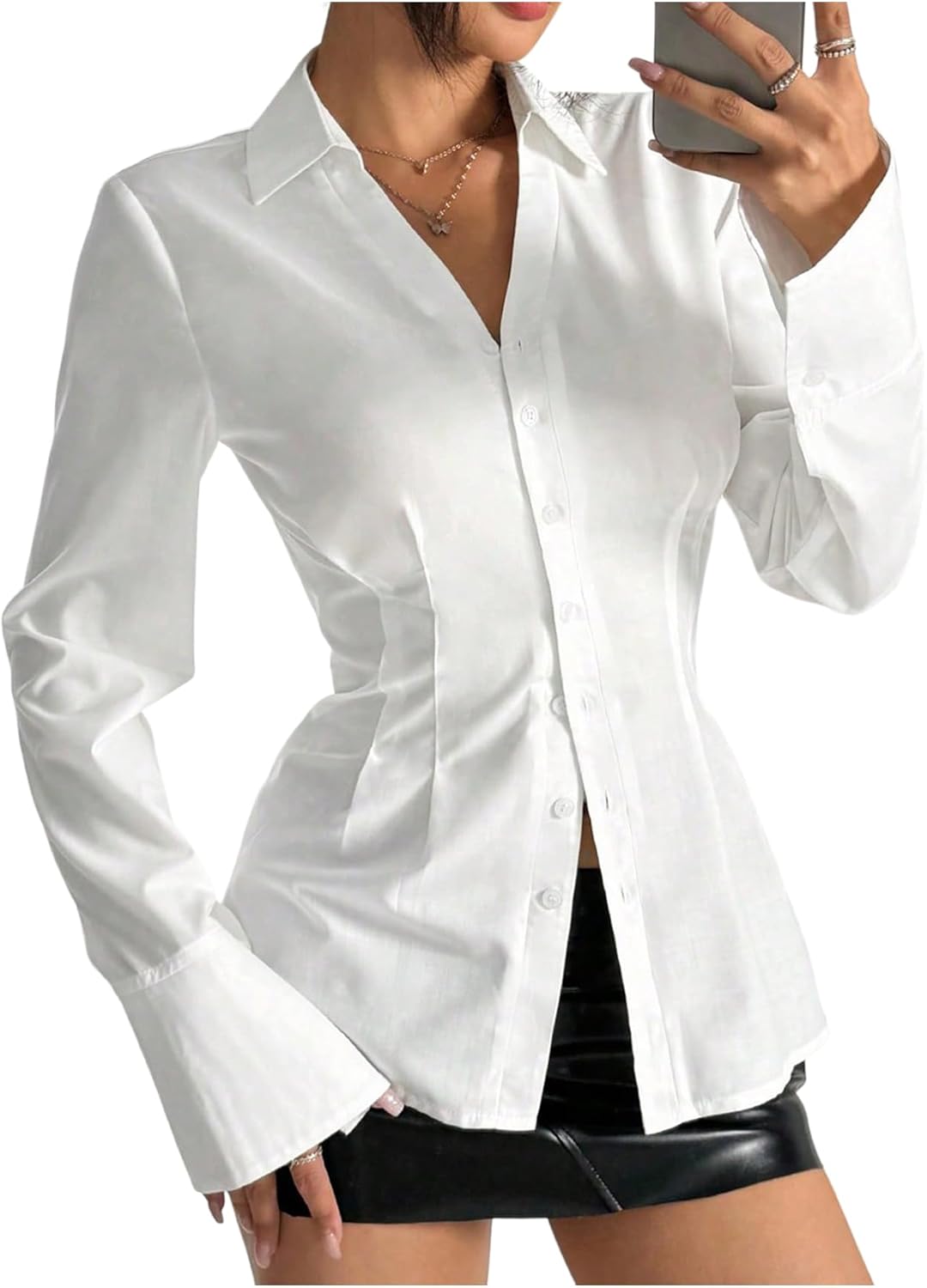 GORGLITTER Women's Button Up Fitted Blouse Dressy Bell Sleeve Office Work Shirt Cinched Waist Tops