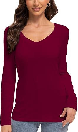 Womens Deep V Neck Long Sleeve Slim Fit T Shirt Tops Tee