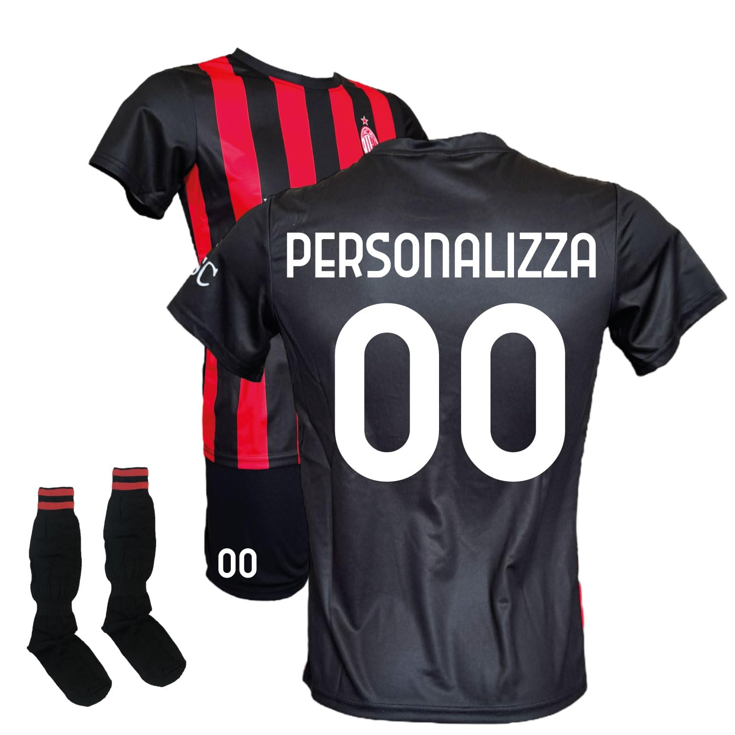 ACM 1899 Completo Maglia Personalizzabile Pantaloncini Neri e Calzettoni, Replica Ufficiale 2025/2026, Rossonera a Strisce, Adulto e Bambino