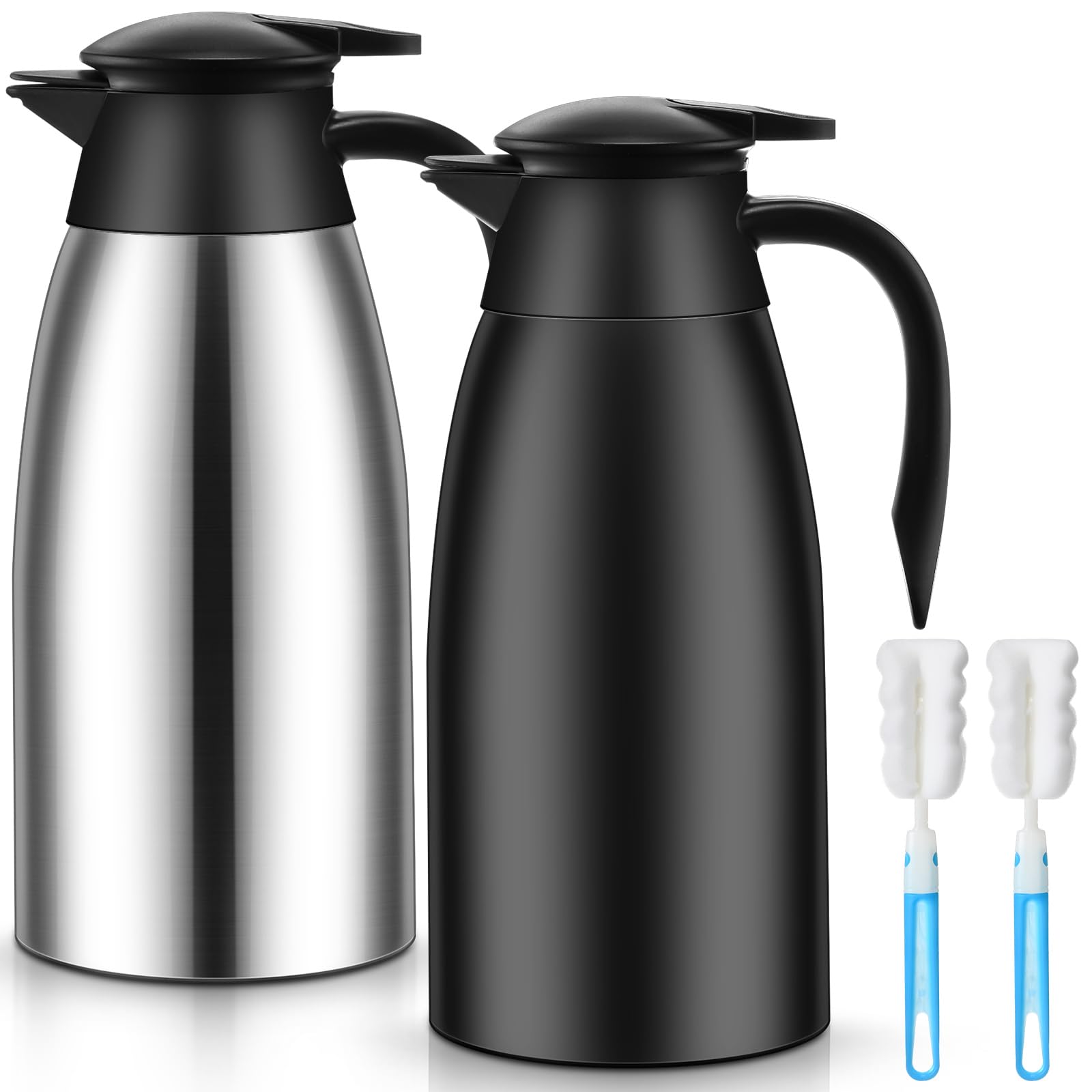 Uiifan 2 jarras térmicas de café de 68 onzas con aislamiento de acero inoxidable, jarra de café térmica de doble pared, jarra de café con cepillos para mantener el té del café durante 12 horas (negro,