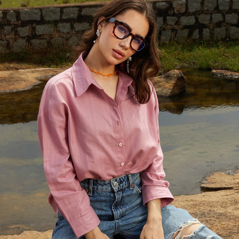 Image of PINACOLADA Women's Solid Oversized Shirt for Casual Wear | Spread Collar | Long Sleeve | Button Closure | Oversized Shirt Crafted with Comfort Fit for Everyday Wear