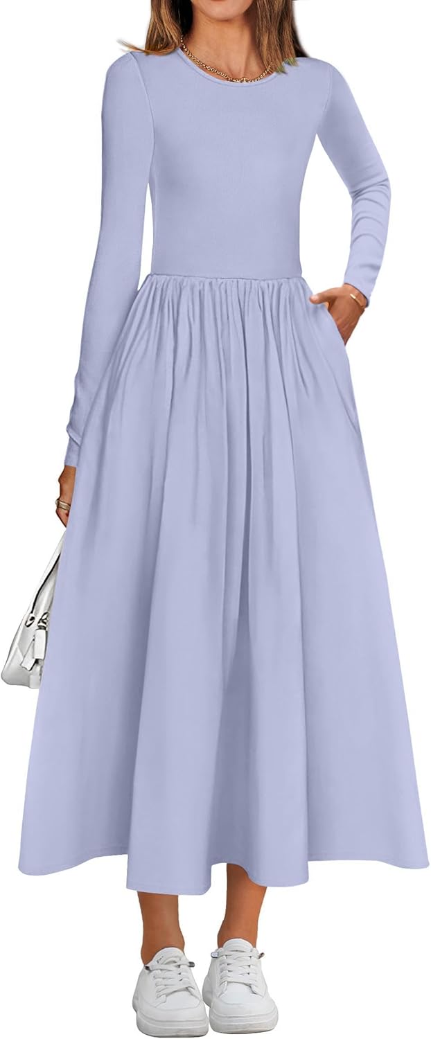 KIRUNDO Women Casual Long Sleeve Midi Dress 2025 Fall Wedding Guest Flowy Bohemian Modest Long Dresses with Pockets