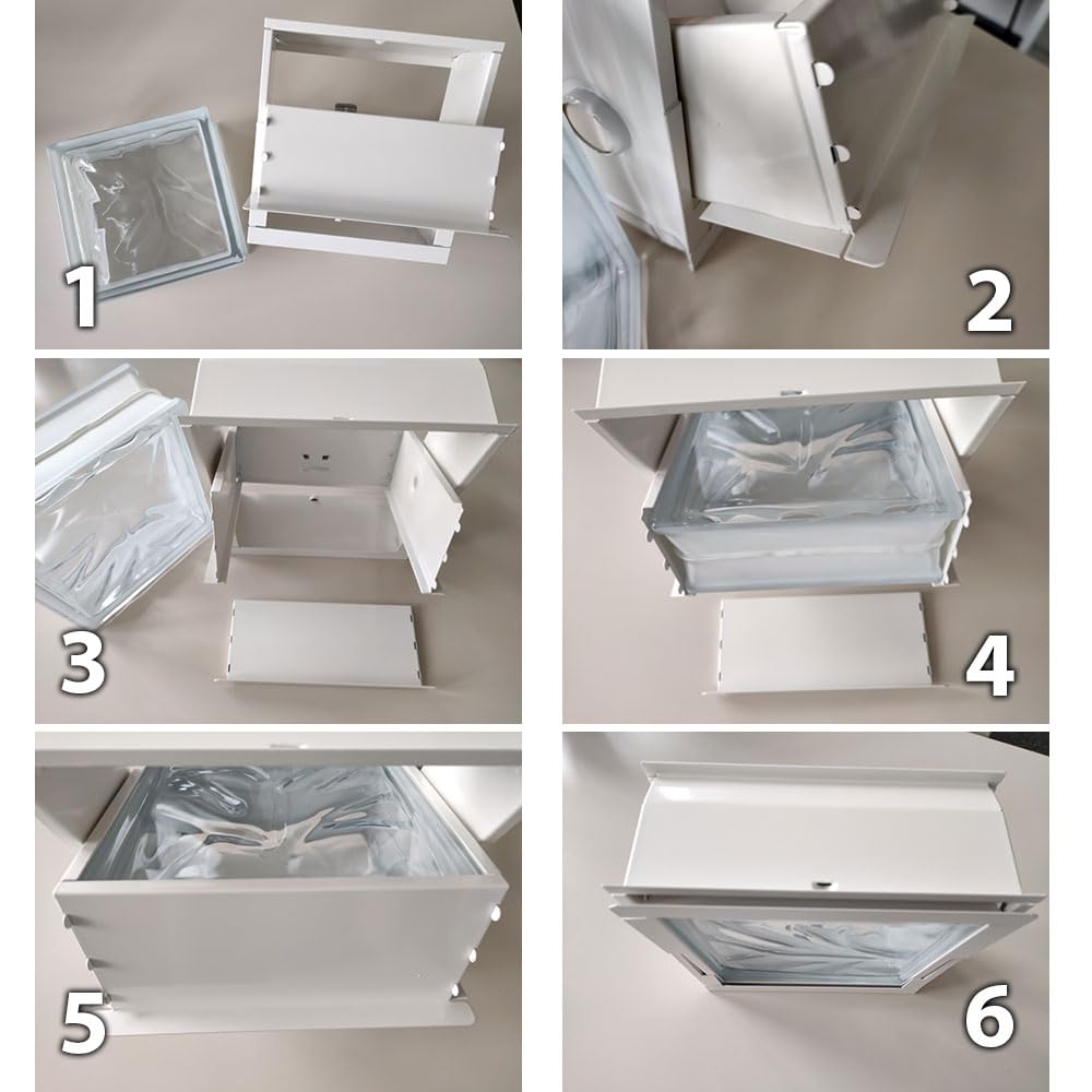 Fuchs Design Hoja de ventilación de chapa de acero blanco (217x235x90 mm) para 1 bloque de vidrio (19x19x8 cm) - con mecanismo de tracción
