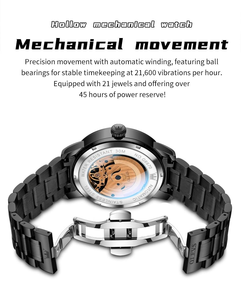 Image of OLEVS Men Automatic Watch Diamond Skeleton Mechanical Luxury Self Winding Moon Phase Calendar Waterproof Wrist Watch for Men