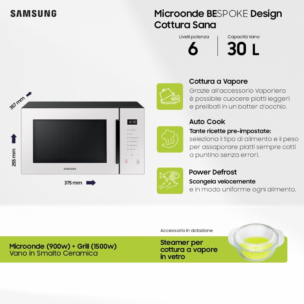 Samsung Forno a Microonde Glass Design Cottura Sana, MG30T5018UE, Vapore, Cottura Automatica, Microonde + Grill 900 W + 1500 W, 30 L, LxAxP: 52 x 30 x 42,5 cm, Porcellana