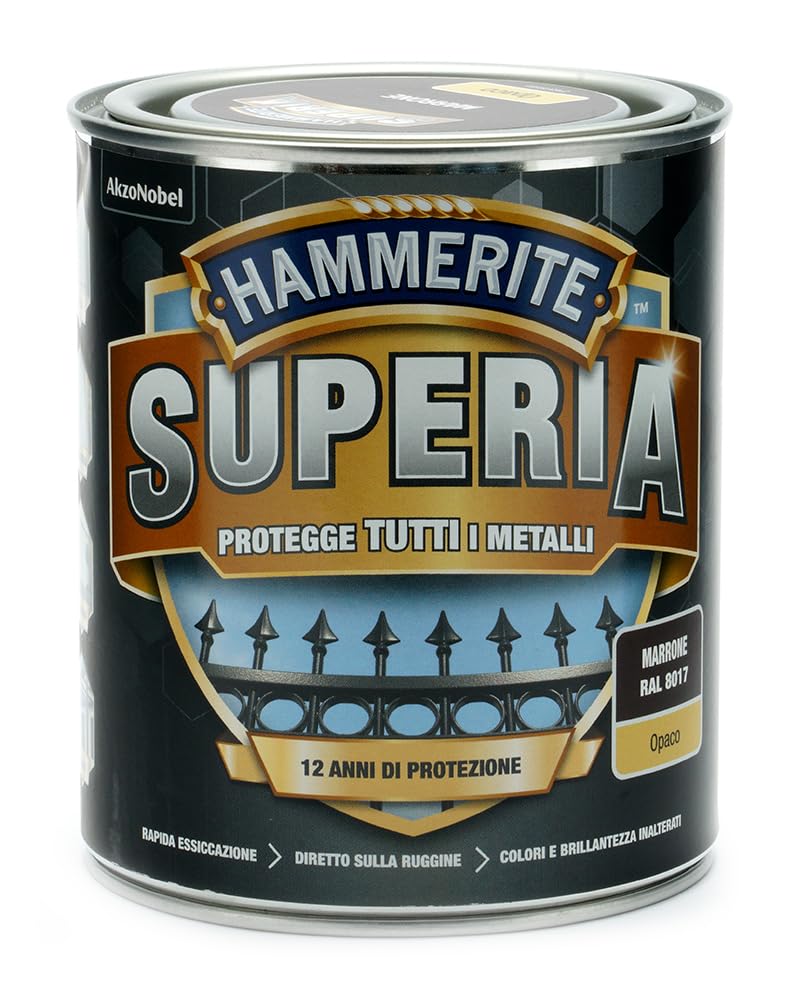 Hammerite Superia smalto metallo antiruggine interno e esterno, Opaco Marrone, 750 ml