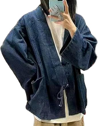 Japanese Stylish noragi Kimono Sense Denim Jeans Coat Cardigan Loose Kimono Jacket Unisex Japandi