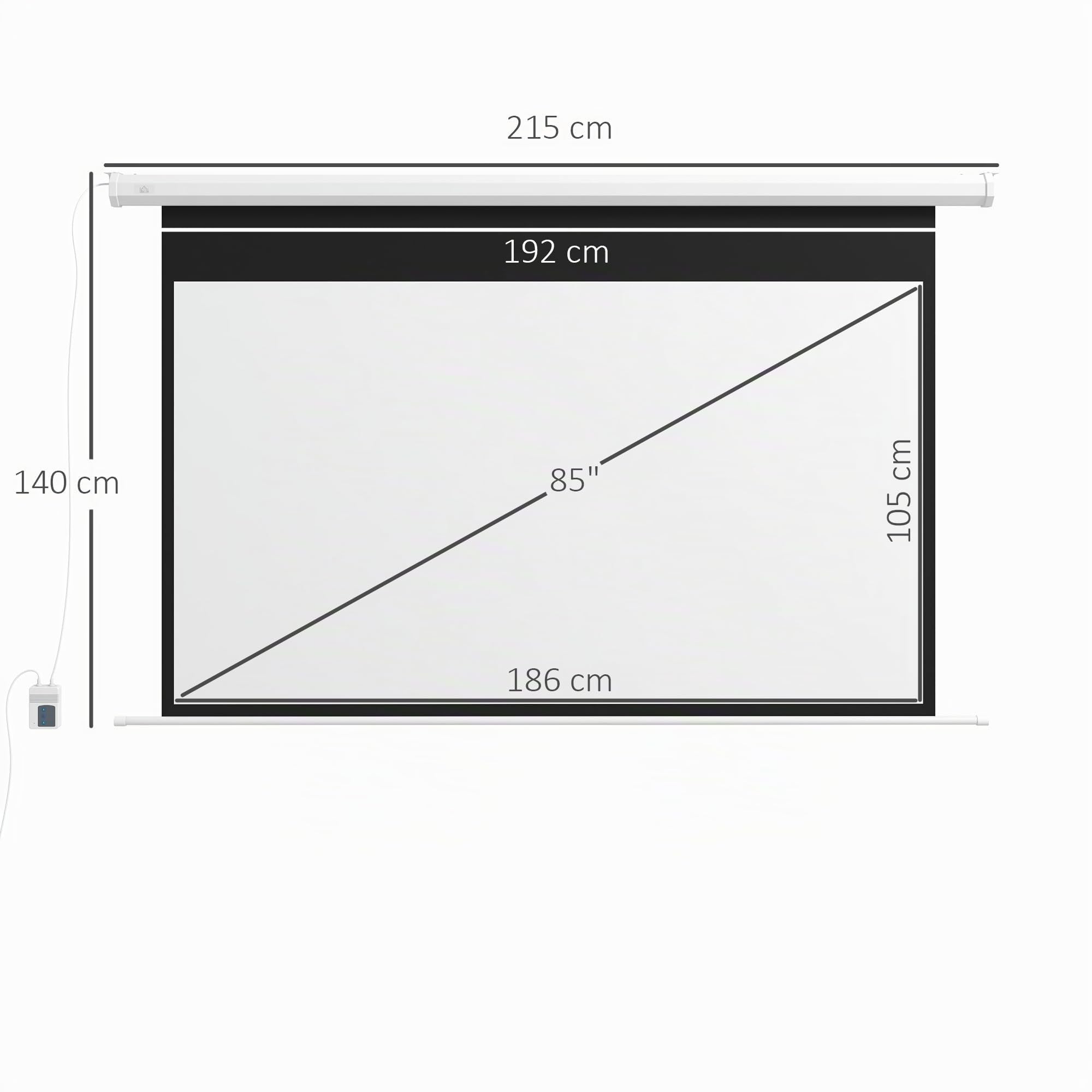 HOMCOM Écran pour projecteur 84" 16:9, Toile projecteur motorisée avec télécommande, Montage Mural et Plafond, 215 x 8 x 140 cm, Blanc