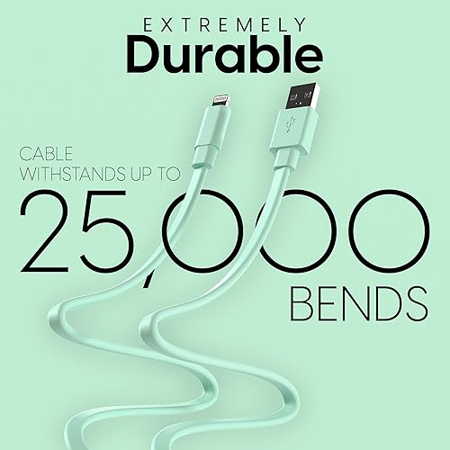 Vista 3 de TalkWorks Cable de carga Lightning plano – Compatible con iPhone 14/13/12/11/XR/XS/8/7/6/5 – cable de carga verde menta de 7 pies