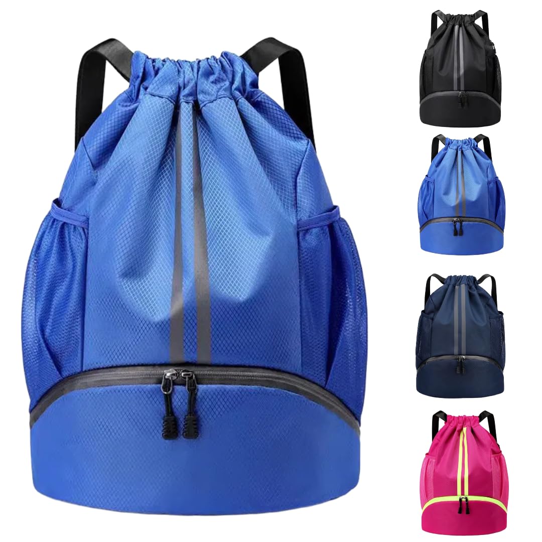 Arae Drawstring Backpack Gym bag with Shoe Compartment & Wet-Proof Pocket Sports Bag for Basketball, Soccer, Swim Travel (Striped Blue) — image 1