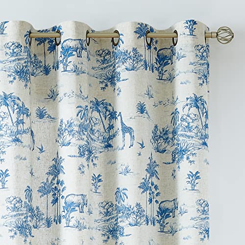 Lazzzy Rideaux semi-transparents en lin avec imprimé toile de Jouy - Pour salon, chambre à coucher - 213 cm de long - 2 panneaux rustiques à œillets - Bleu sur beige