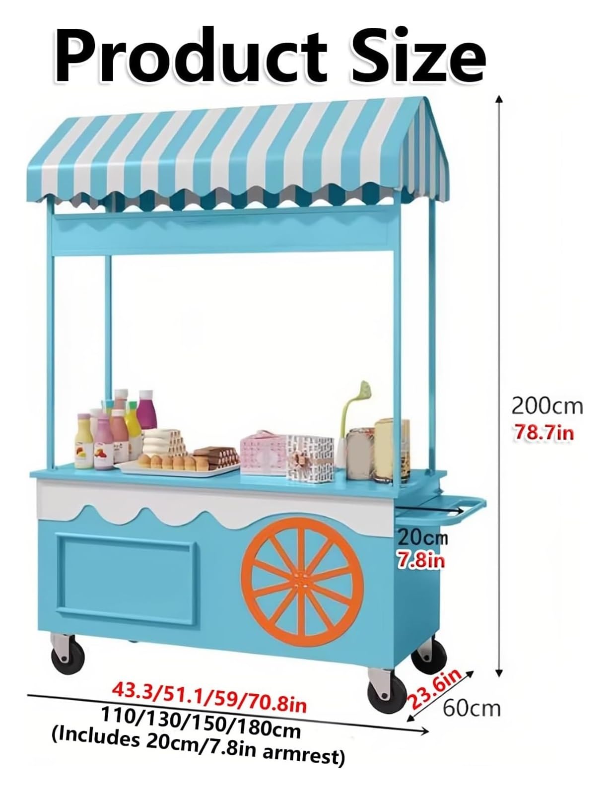 Tragbarer Verkaufswagen Mit Vordach, Mobiler Lebensmittelständer Feststellbaren Rädern, for Markt, Straße Und Veranstaltungen(Orange,150cm)