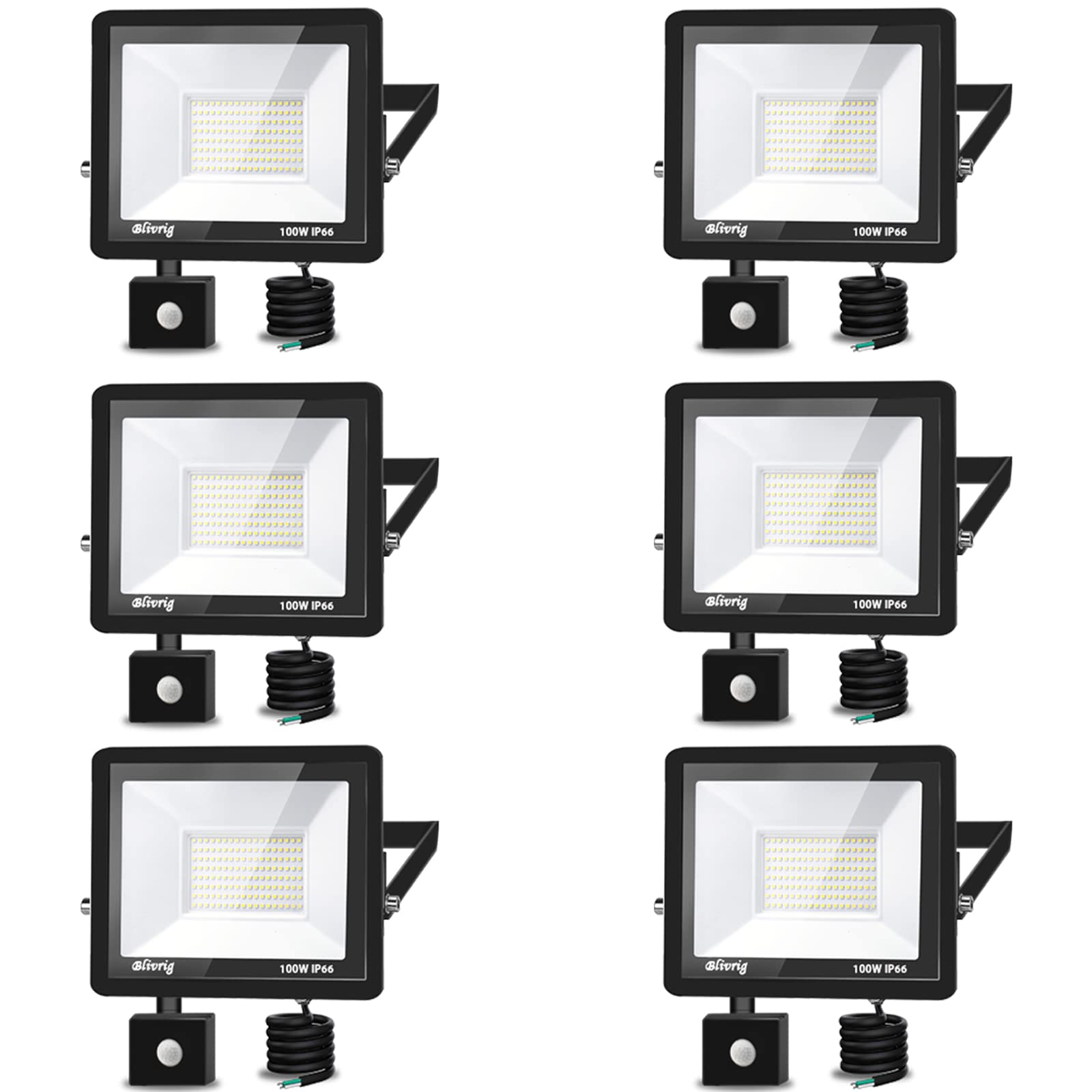 LED Strahler mit Bewegungsmelder 100W 6 Stück, 10000 Lumen Außenleuchte, 6000K Kaltweiß Strahler LED Bewegungsmelder, Außenstrahler IP66 Wasserdicht, Außenlampe für Garten, Innenhöfe, Garage, Flu