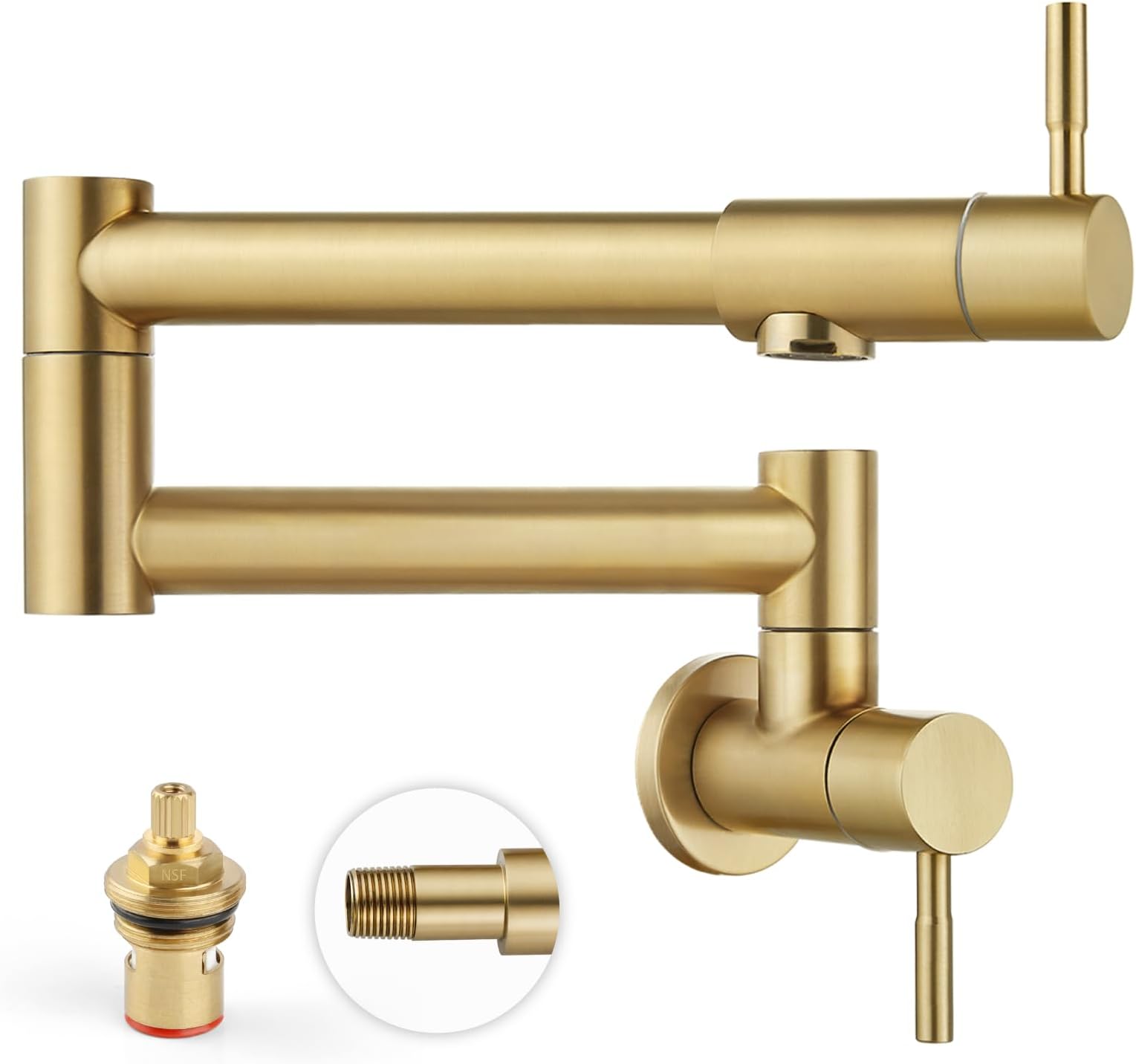 Heyalan Pot Filler 19 Inch Wall Mount Folding Stretchable Kitchen Restaurant Faucet Stainless Steel Pot Filler Double Joint Swing Arm Two Handles Commercial NPT,Straight Handle,Brushed Gold