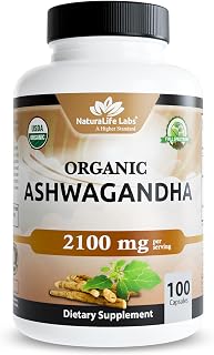 NaturaLife Labs Organic Ashwagandha 2100mg - Potent Root Powder & 2.5% Extract with Black Pepper, 100 Vegan Capsules, Non-GMO