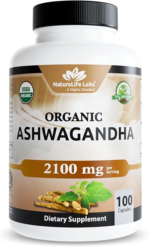 NaturaLife Labs Organic Ashwagandha 2100 mg per Serving – Full Spectrum Root Powder and Standardized Extract (Withanolides) – 100 Capsules – Vegan – Non-GMO, Gluten-Free