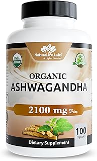 NaturaLife Labs Organic Ashwagandha 2100 mg per Serving – Root Powder & Extract – 100 Capsules – Vegan, Non-GMO, Gluten-Free