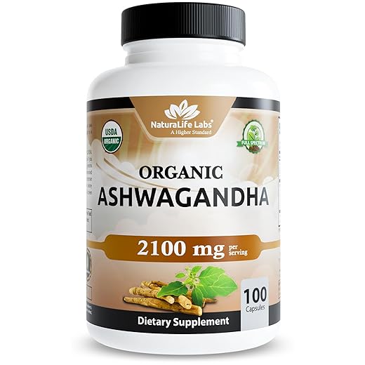 Organic Ashwagandha 2,100 mg - 100 Vegan Capsules Pure Organic Ashwagandha Powder and Root Extract - Stress Relief, Mood Enhancer, Immune & Thyroid Support
