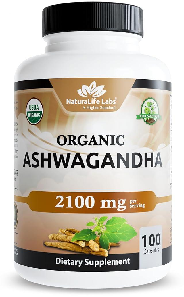 NaturaLife Labs Organic Ashwagandha 2100 mg per Serving Herbal Supplement Root Powder Extract 100 Capsules Vegan Non-GMO Gluten-Free
