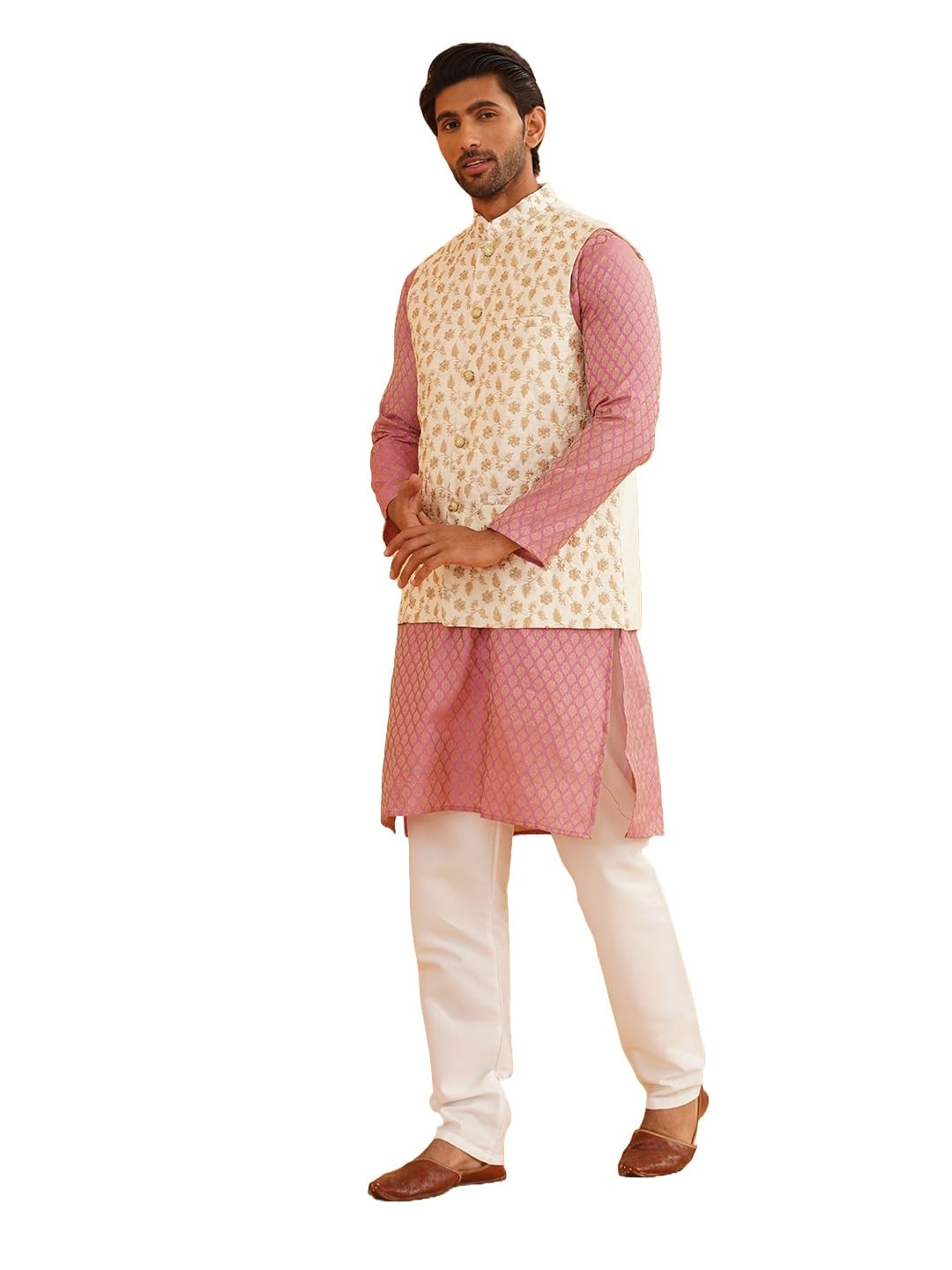 sojanya (Since 1958 Men's Silk Blend Pink Self design Kurta & Beige embroidery Nehru Jacket With Off-White Churidaar Pyjama-picture-42