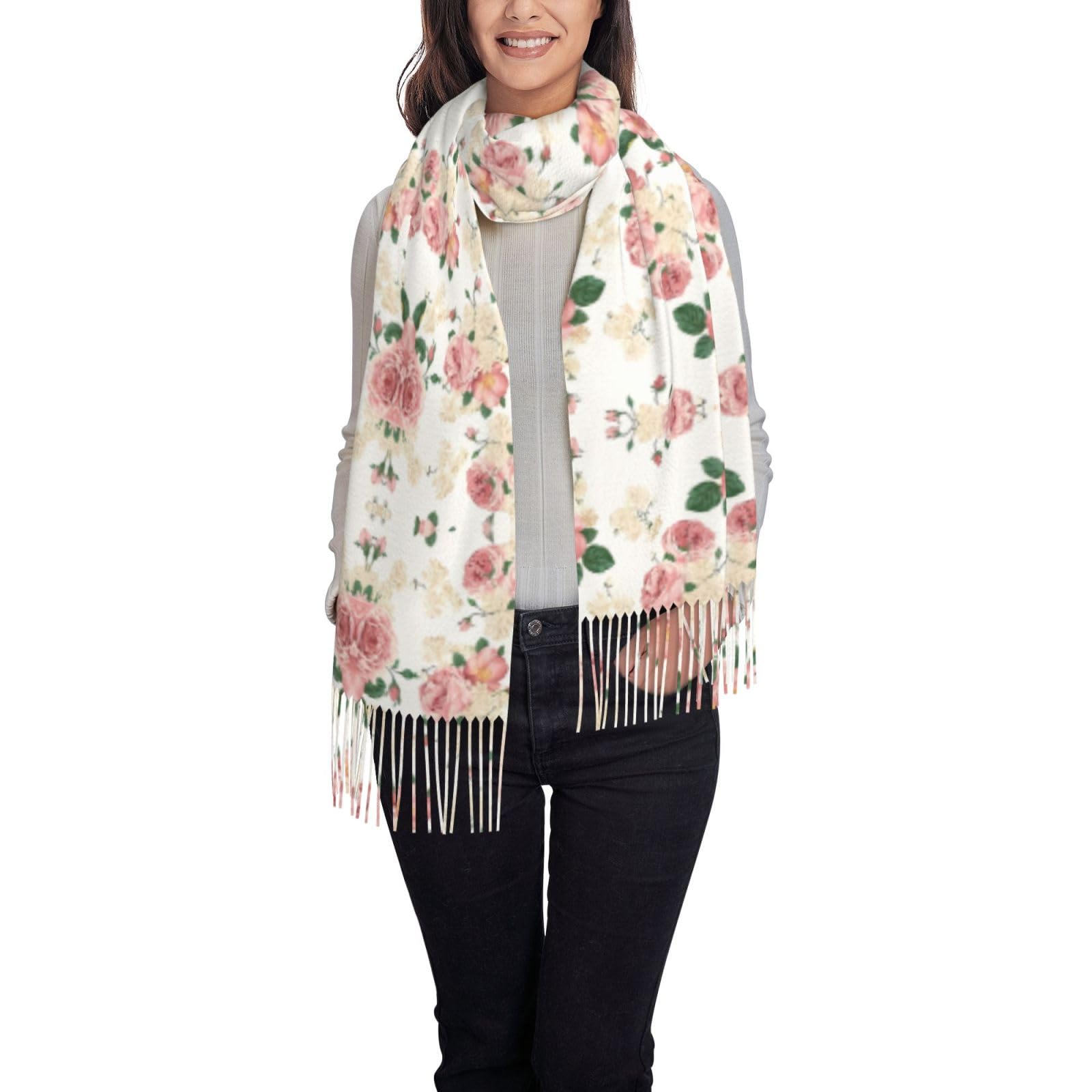 QAZWZML Pink Rose Flower with Leaves Long tassel shawl, patterned warm scarf, suitable for the office, weddings, weekend getaways.