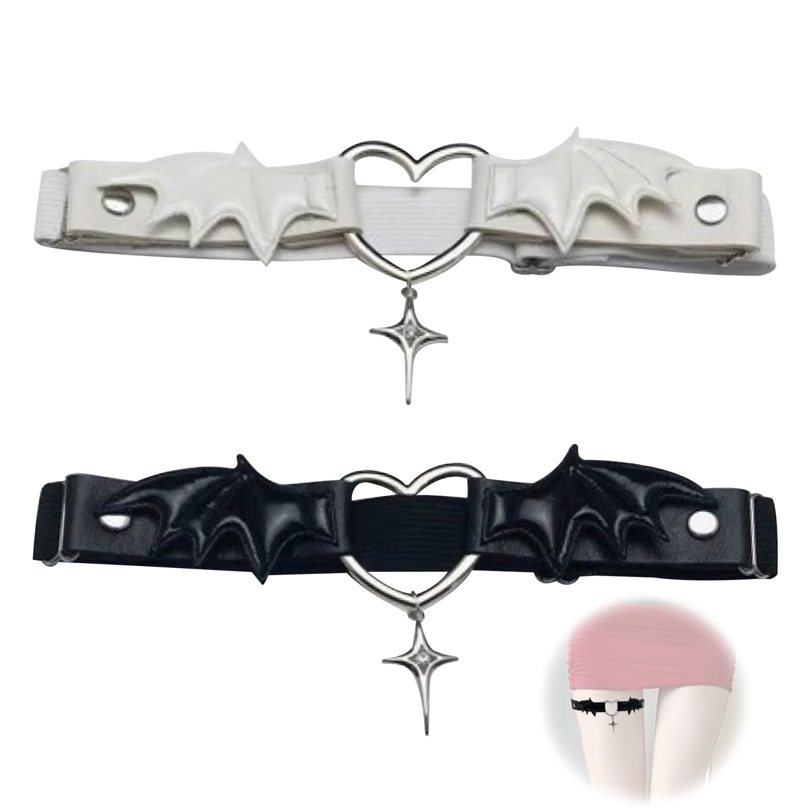 Pack of 2 PU Leather Garters, Adjustable Garter Black White, Y2K Gothic Heart Wings Garter for Legs and Thighs for Women Halloween Rave Carnival Cosplay Gothic Party Accessories-image-0