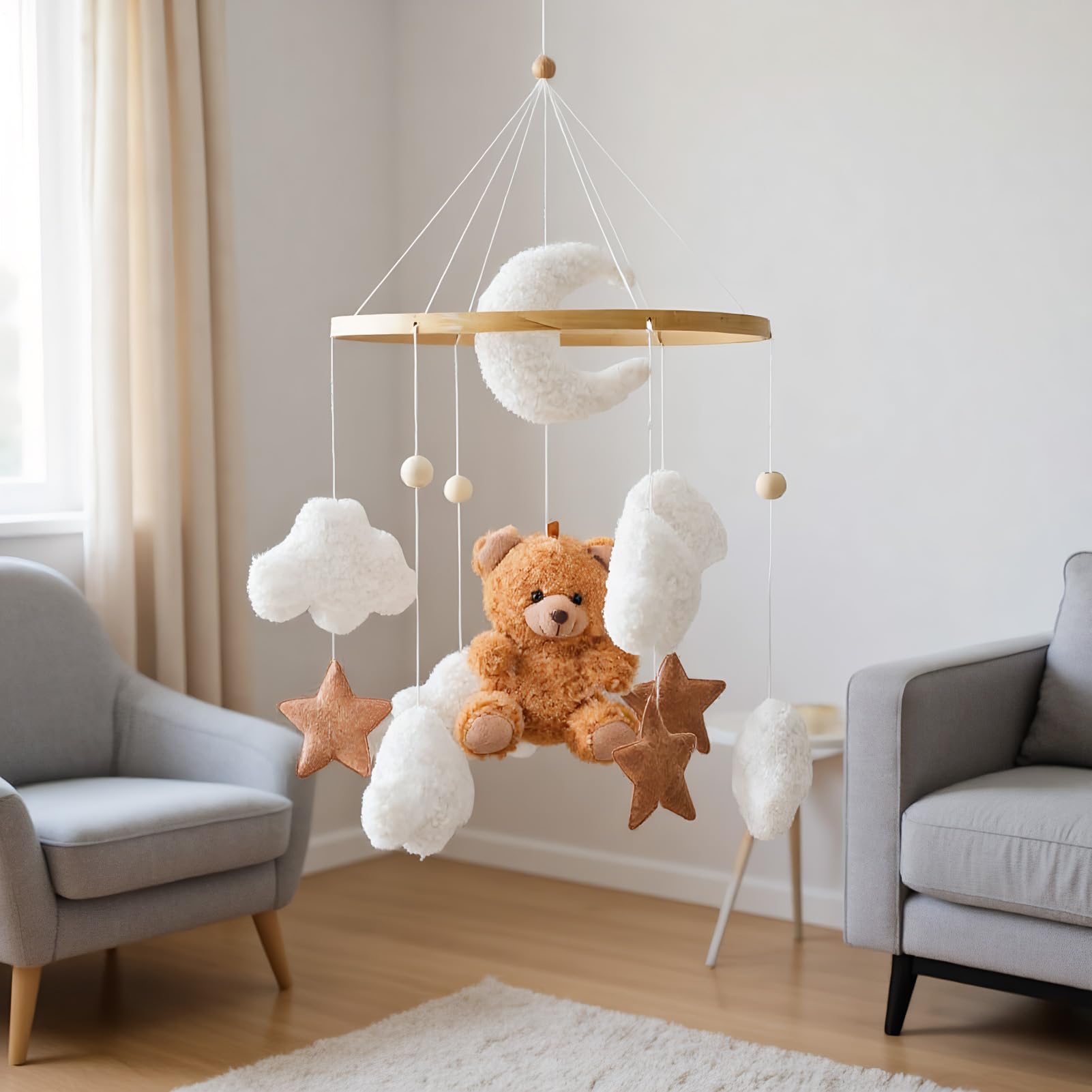 Mobile Pour Lit Bébé - Décor Mobile Étoile Ours,Doudou Sensoriel Romantique Tourne 360° pour Fille Garçon Enfant Berceau Chambre | Fille Garçon Chambre