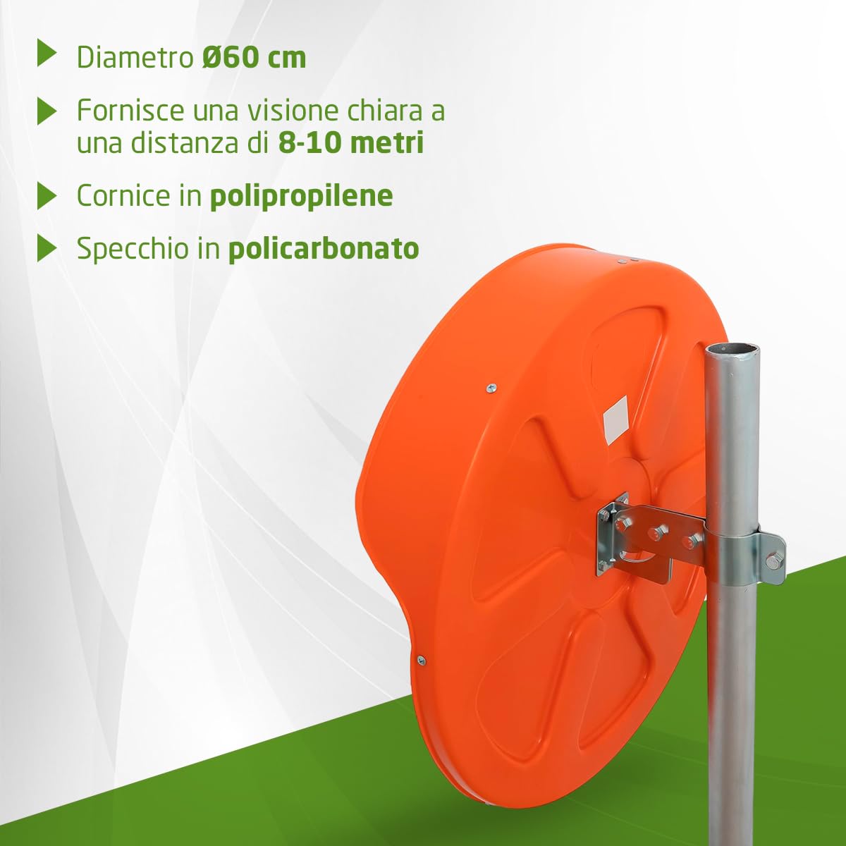 Amig - Specchio convesso di sicurezza e sorveglianza con visiera Ø60 cm diametro | Specchio stradale | Visione negli angoli ciechi, nelle colonne e negli angoli di negozi e garage | Arancia