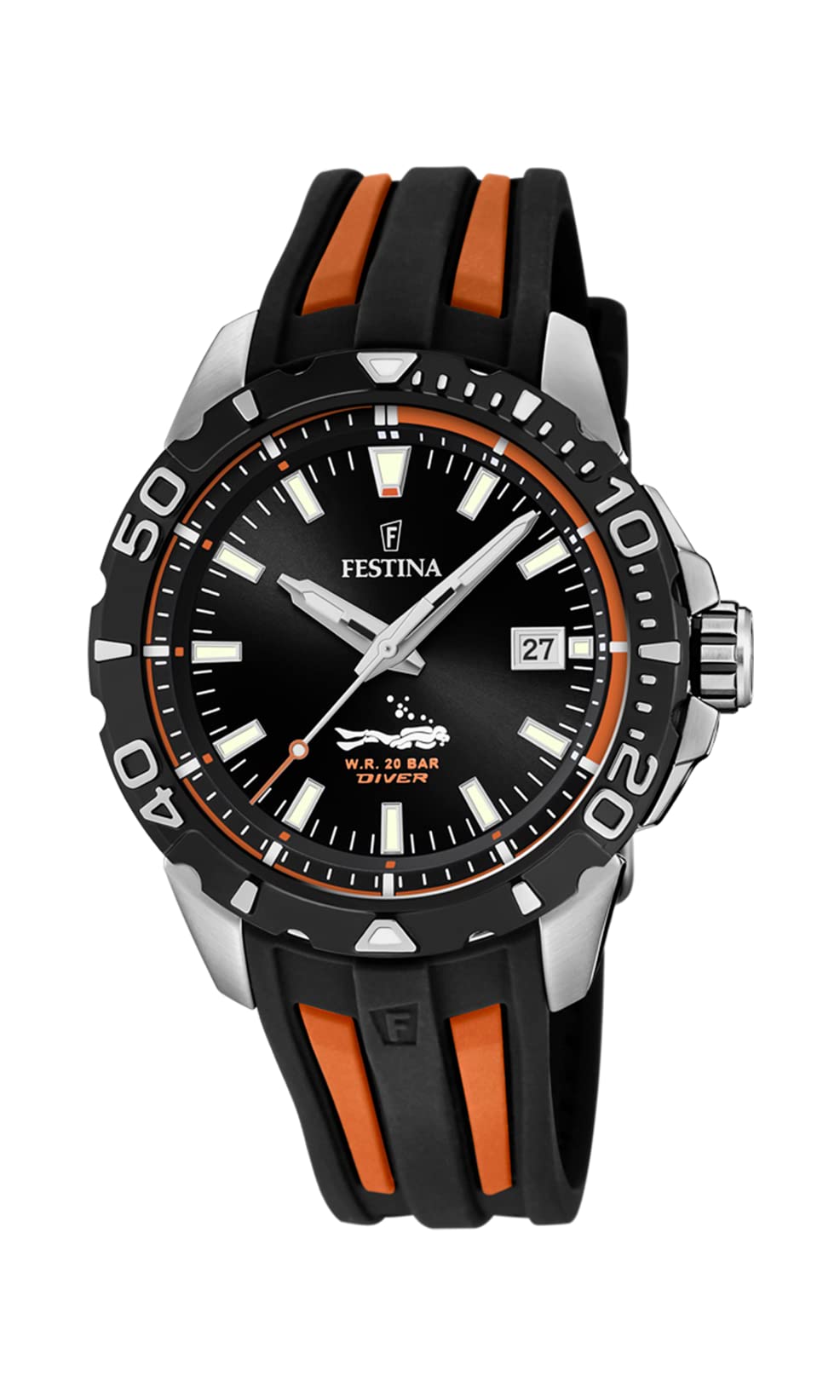 FestinaReloj Modelo F20462/3 de la colección The Originals, Caja de 44,5 mm Correa de Caucho Negro Naranja para Caballero