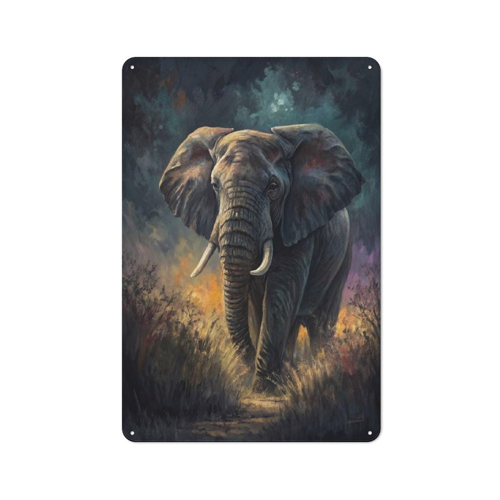 Majestic Elephant in A Dramatic Landscape Metal Wall Art Sign 30x20cm, Vintage Old Style Wall Plaque for Living Room, Hallway, Kitchen Or Cafe