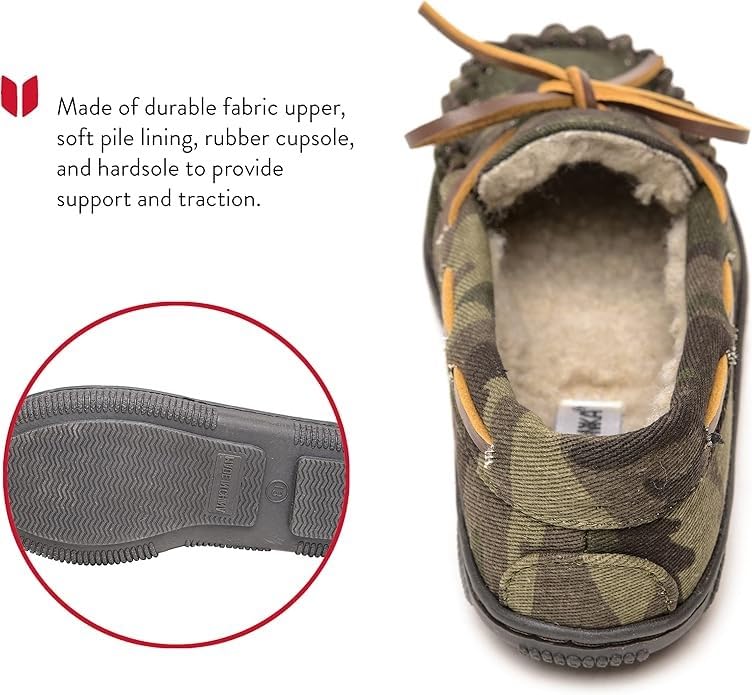 Minnetonka Hardsole Pile-Lined Moccasin Slippers for Children, Green Camo Print, 4 M4