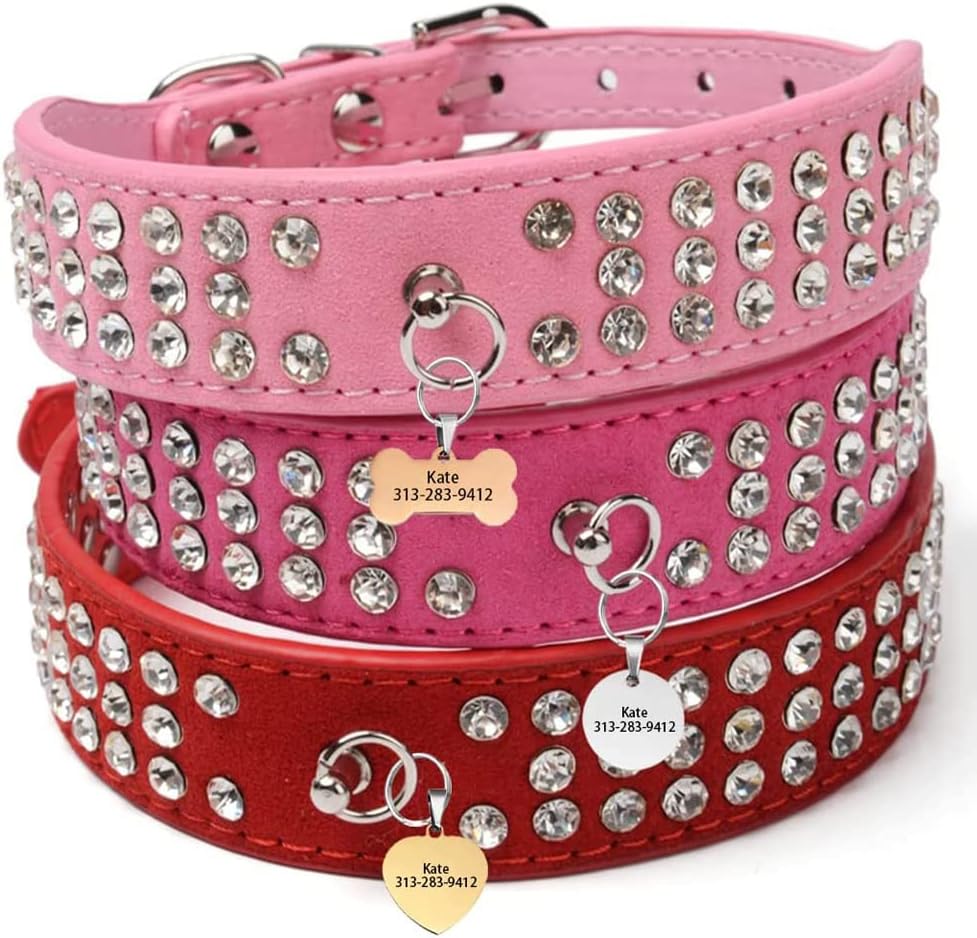 Captree Personalized Rhinestones Dog Collars,Custom Suede Leather Dog Collars,with Nameplate Engraved Pet Name and Phone…