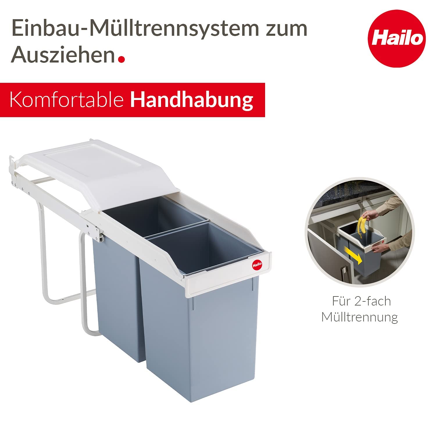 Hailo Multi-Box duo L Einbau-Mülltrennsystem - Doppelmülleimer, 2 x 14 Liter - mit ausziehbaren Inneneimern - 2-fach Abfalltrennsystem für die Küche - cremeweiß | 2 x 14 l, ausfahr- und aufnahmebereit