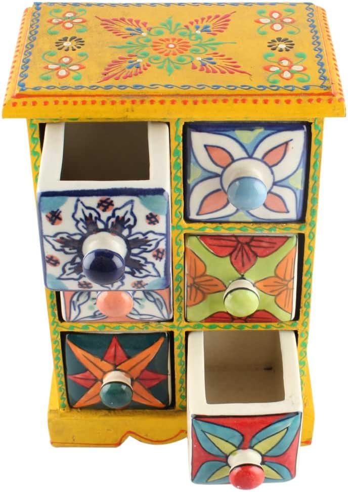 Indian Shelf 1 Piece Vocalforlocal Handmade Multicolor Wooden 6 Drawer Floral Pattern Spice Box Seasoning Masala Organizer Rack Jewellery Container