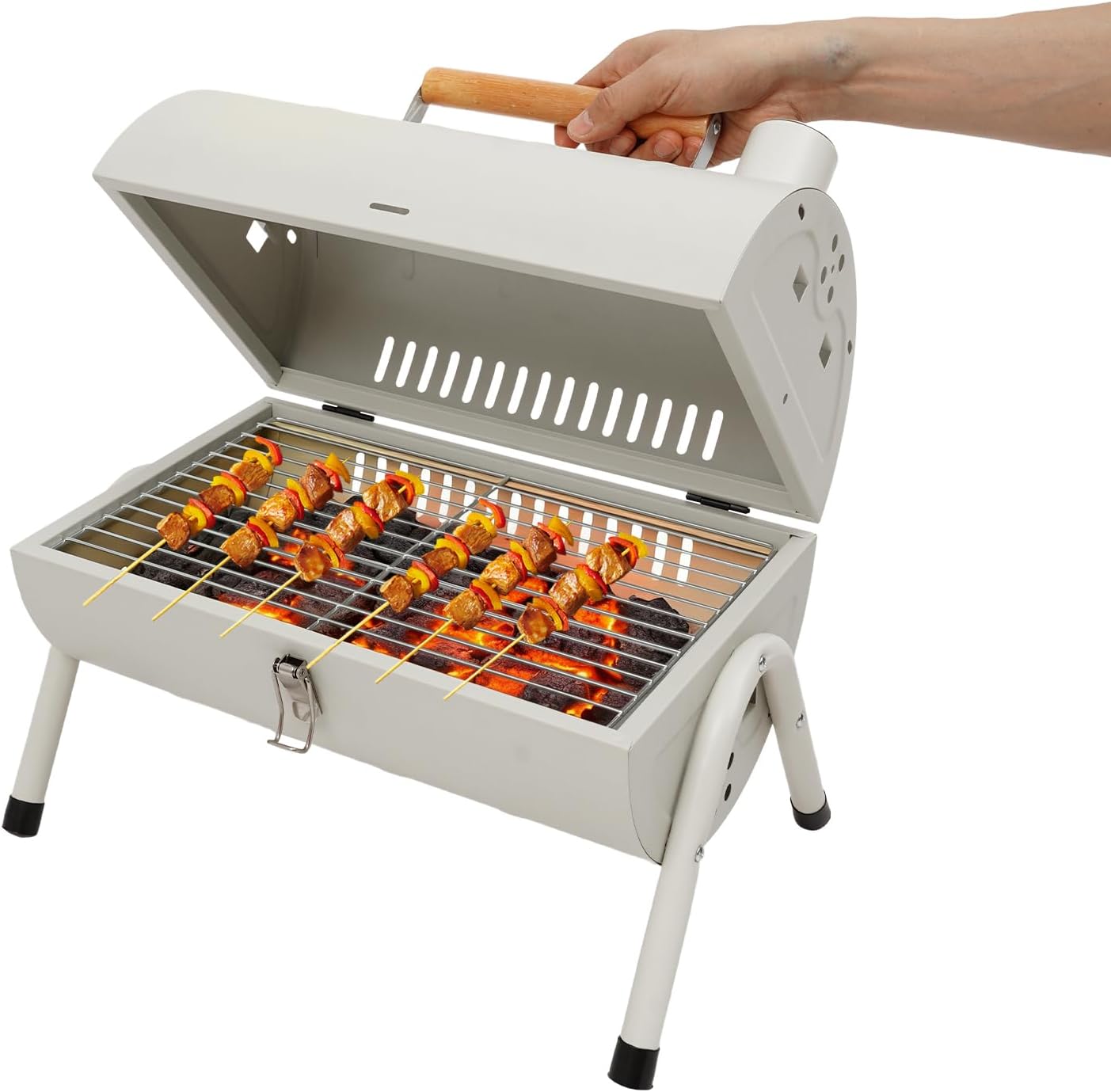 Ddeoewzaa Portable Tabletop Charcoal Grill with 2 Baking Nets - Smoke-Reducing Chimney for Camping, Picnics, Backyard BBQs (White)