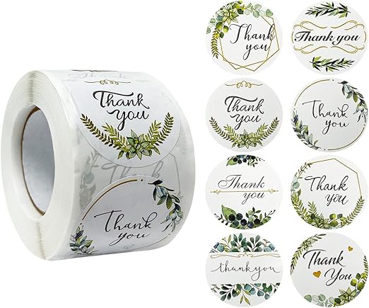 allydrew 1.5" / 2" Thank You Stickers Roll, Sealing Stickers and Labels for Boxes, Envelopes, Bags, Small Businesses, Weddings, Parties (500pcs), Greenery
